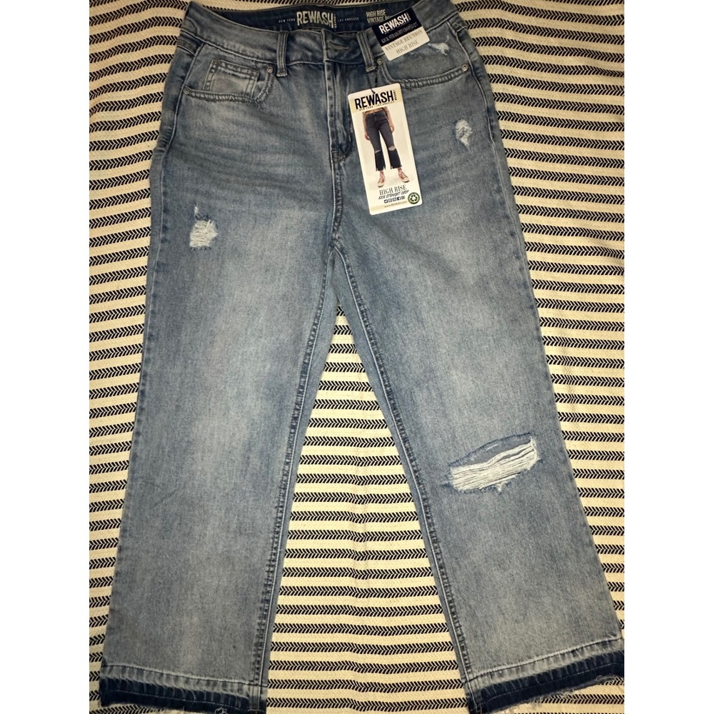 Rewash Women High Rise Kick Straight Crop Jeans Light Wash Distressed Size 5 27‎